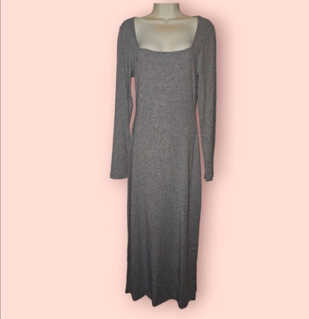 Quince Tencel Rib Knit Long Sleeve Square Neck Maxi Dress Soft Stretchy Gray L
